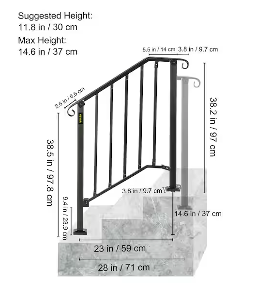 2 ft. Handrails for Outdoor Steps Fit 2 or 3 Steps Outdoor Stair Railing Wrought Iron Handrail with baluster, Black