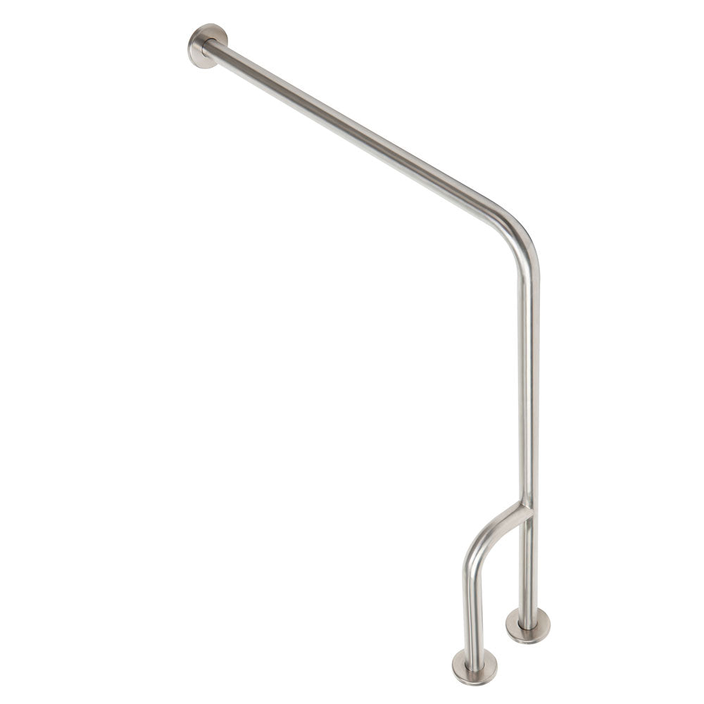 The stainless steel is 1 ¼” diameter and works well for both large and small hands. The grab bar is 32” wide and 33” high when installed. Supports 330 pounds. ADA rated.