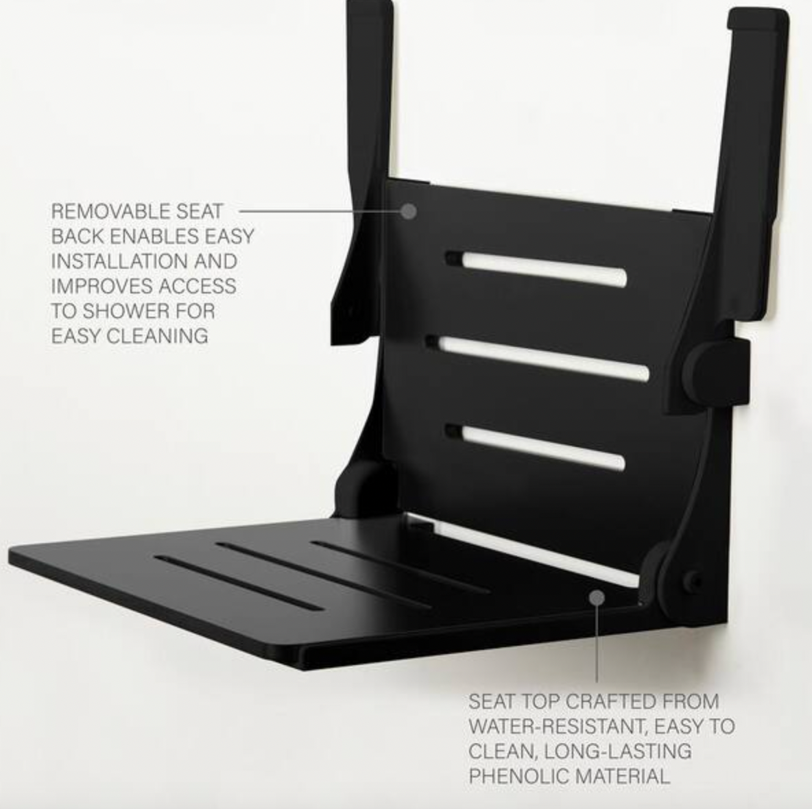 Silhouette Comfort Folding Wall Mount Shower Bench Seat with Arms in Matte Black