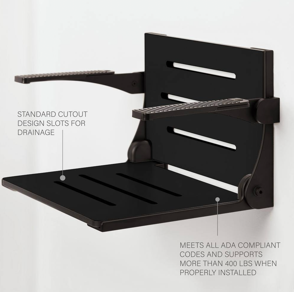 Silhouette Comfort Folding Wall Mount Shower Bench Seat with Arms in Matte Black
