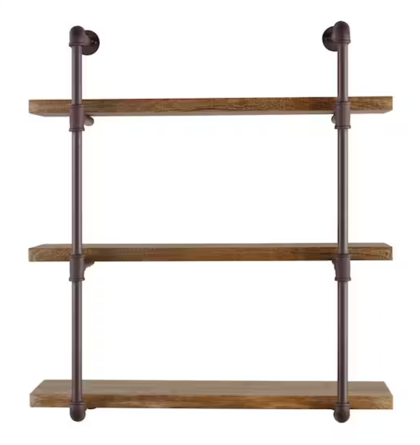 Urbanne Industrial Aged 3-Tiered Wood Print MDF and Metal Pipe Floating Wall Shelf