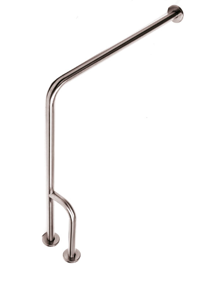 The stainless steel is 1 ¼” diameter and works well for both large and small hands. The grab bar is 32” wide and 33” high when installed. Supports 330 pounds. ADA rated.